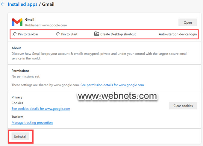 在 Edge 中查看 Gmail 应用的详细信息