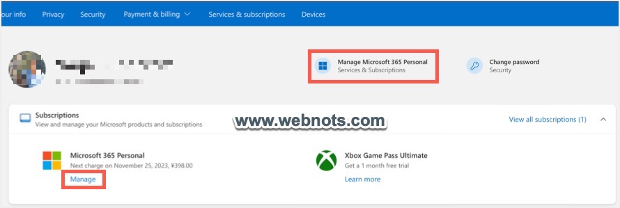 在帐户中管理 Microsoft 365 订阅