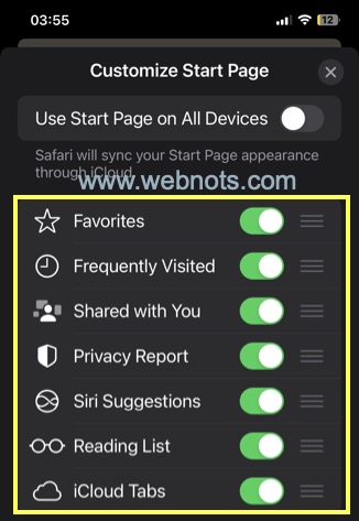 禁用 Safari 起始页上的部分