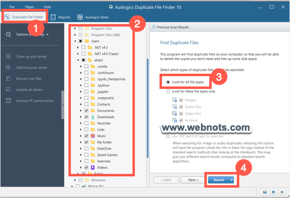 选择文件夹并查找 Auslogics 中的所有重复项