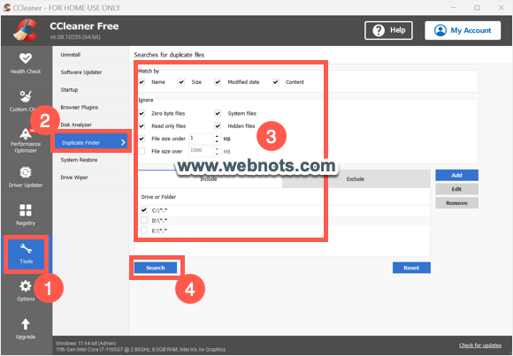 在 CCleaner 中选择重复的查找器和过滤器