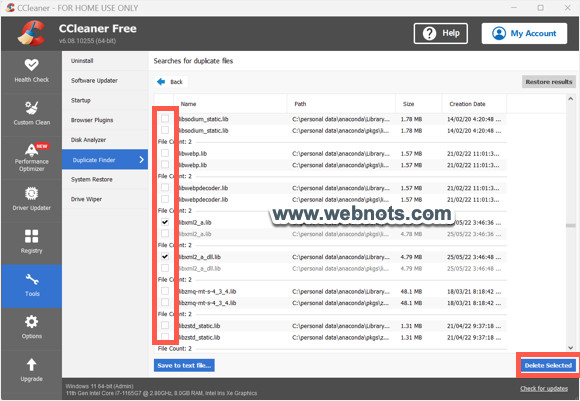 删除选定的重复文件 CCleaner