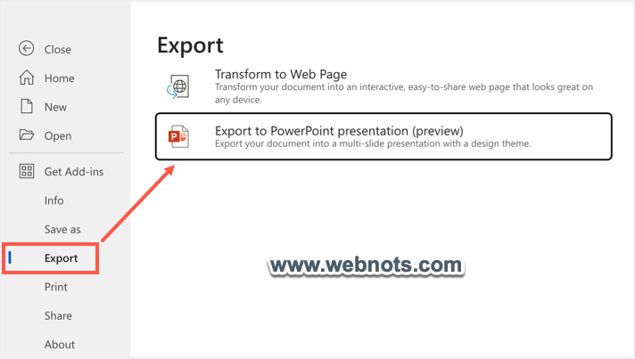 在在线编辑器中将 Word 导出到 PowerPoint