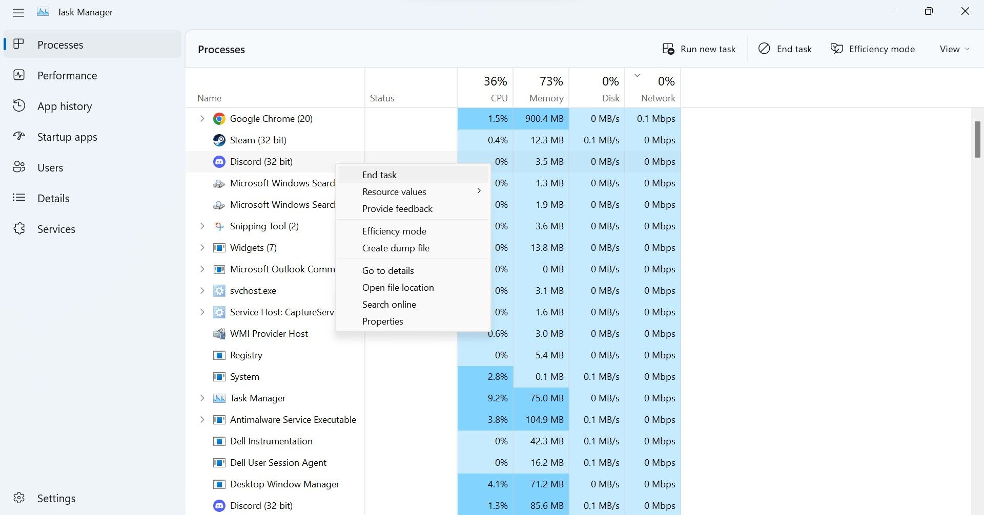 通过单击 Windows 任务管理器中的结束任务按钮退出进程