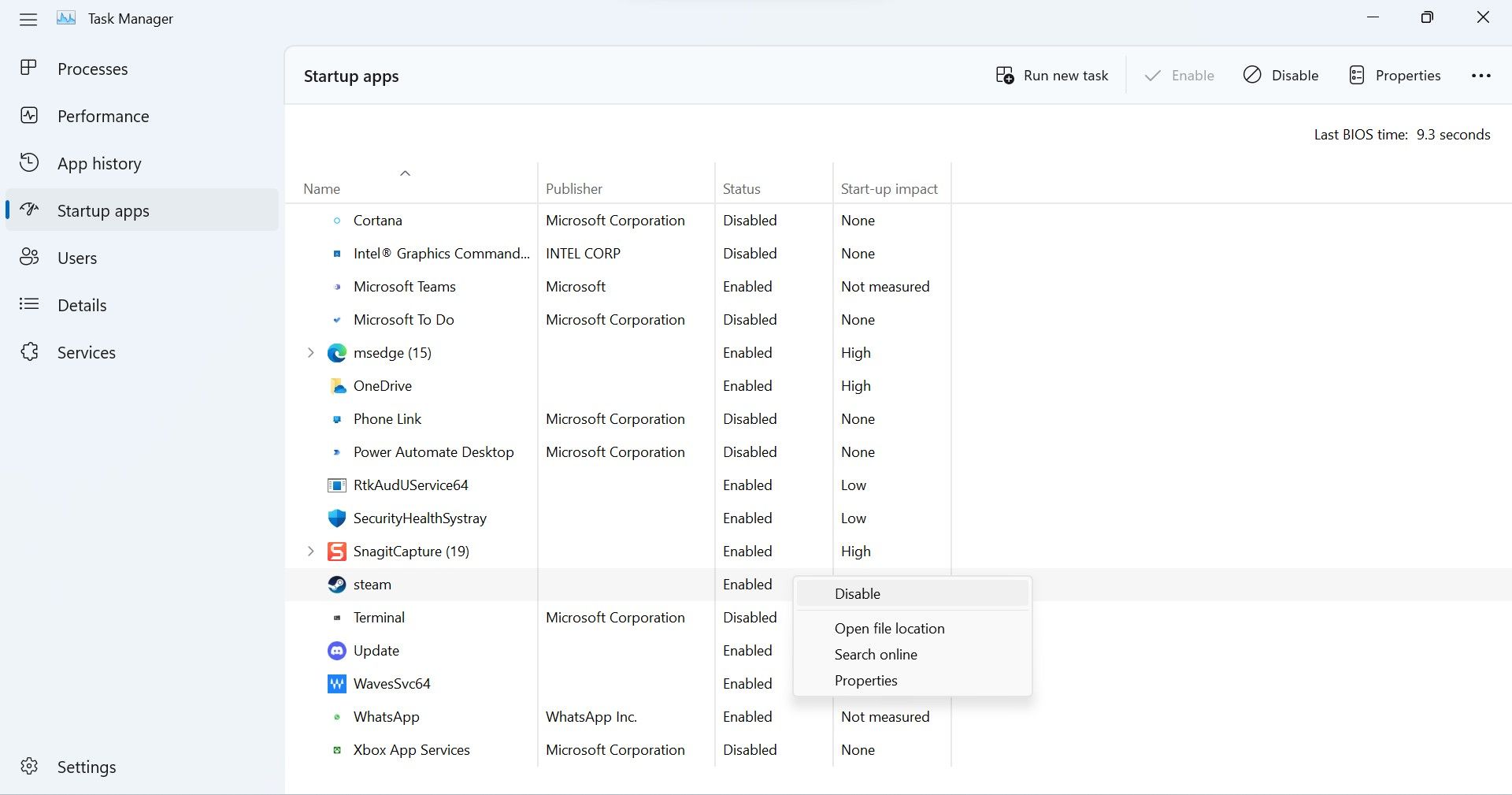 在 Windows 任务管理器的启动选项卡中禁用不需要的任务