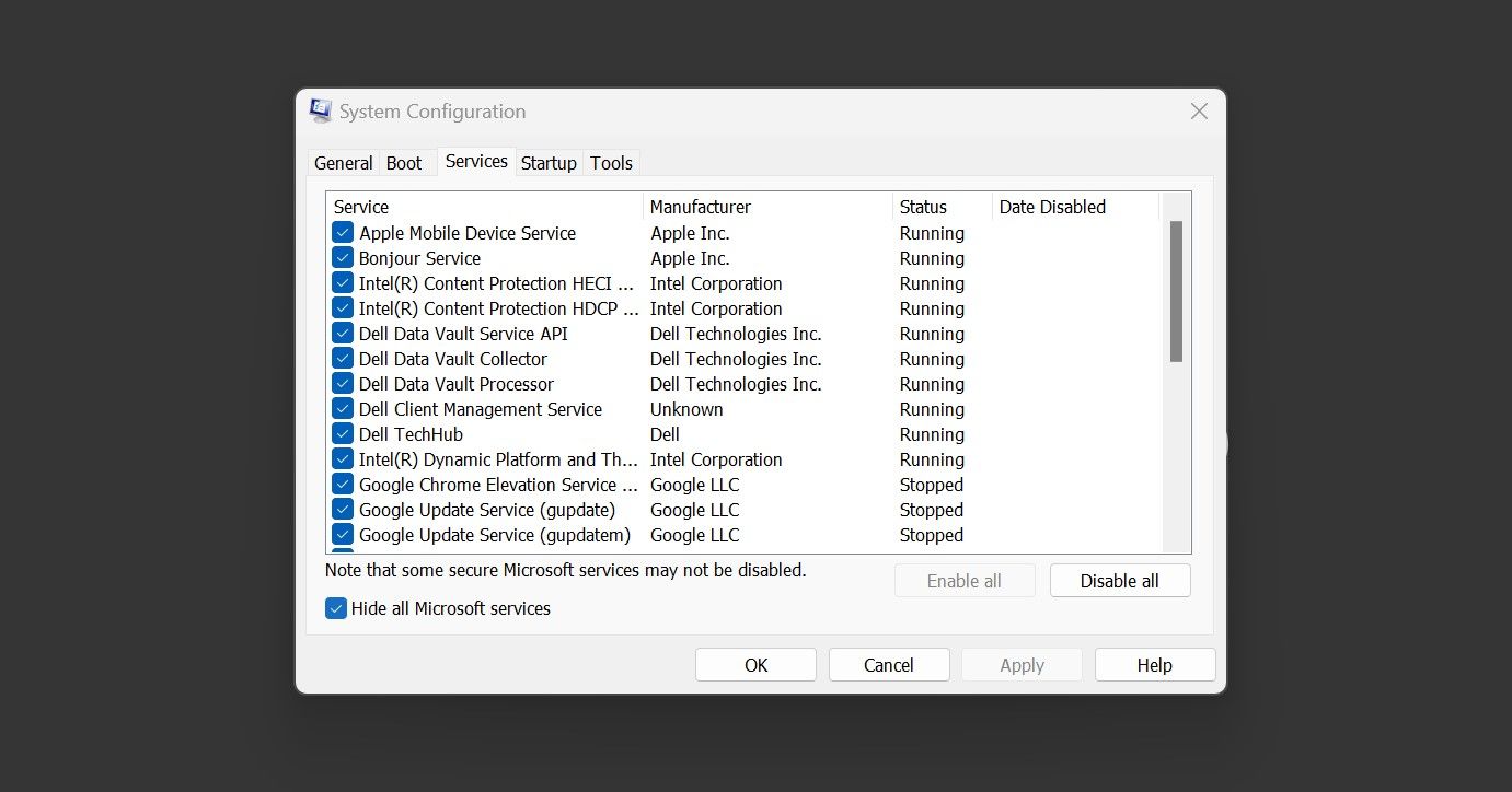 在系统配置应用程序的服务选项卡中选中隐藏所有 Microsoft 服务的复选框