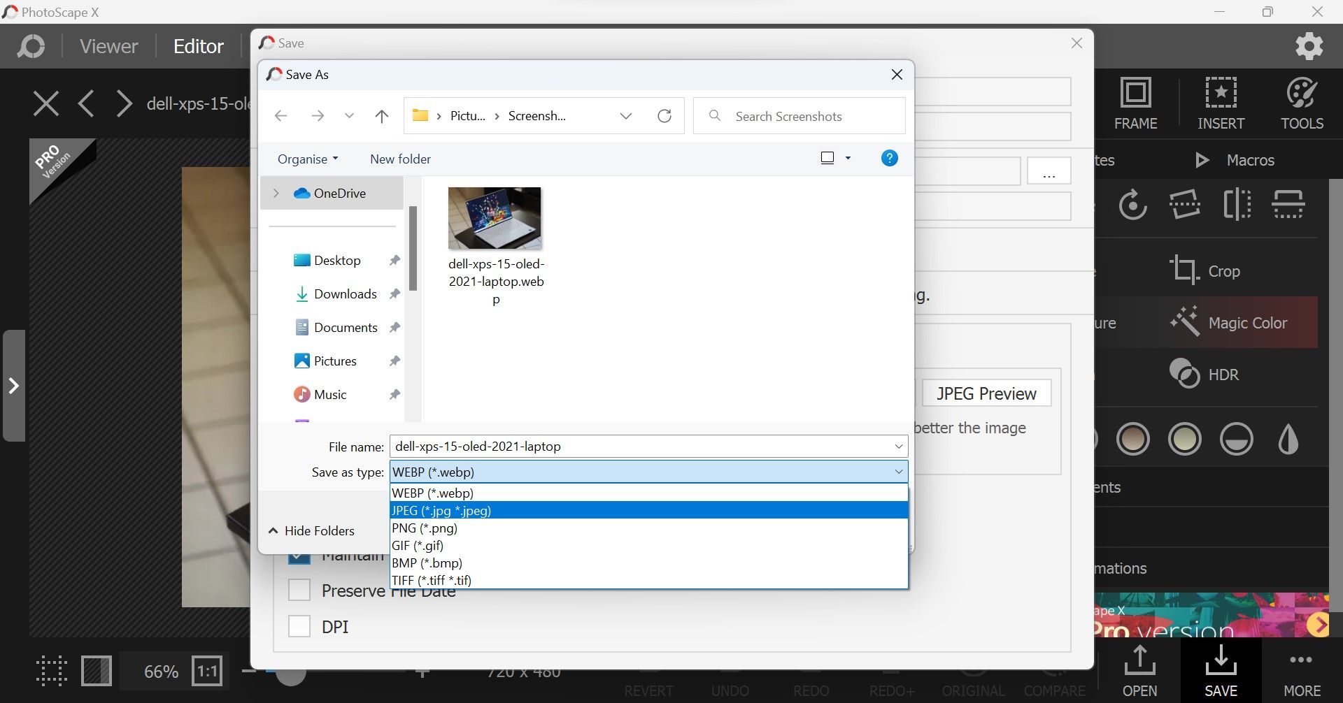 通过在 Windows 上的 PhotoScape X 应用程序中展开“另存为类型”下拉菜单来选择图像格式