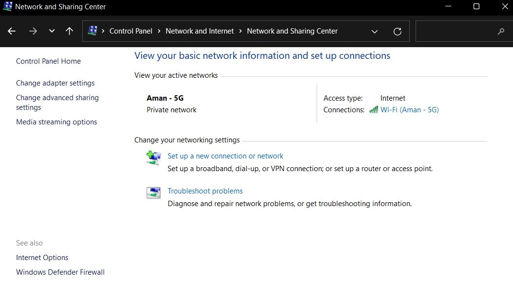 Windows 11 网络和共享中心中的更改适配器设置选项