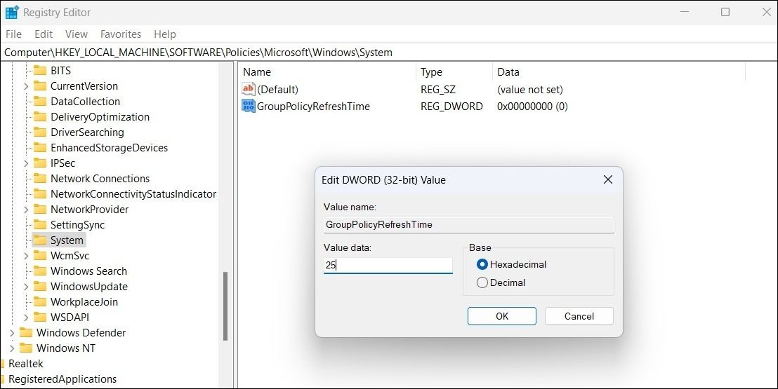 通过注册表编辑器更改 Windows 上的组策略刷新间隔