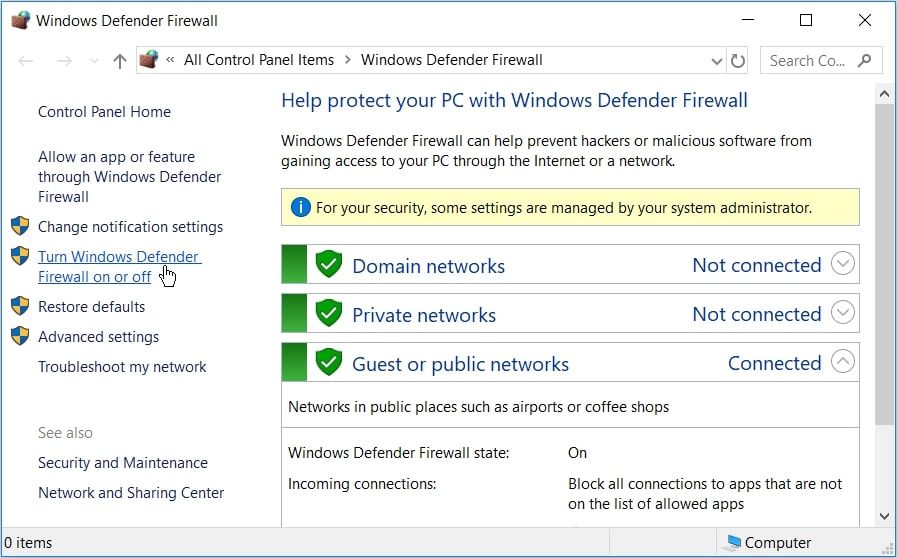 在 Windows 上选择打开或关闭 Defender 防火墙选项