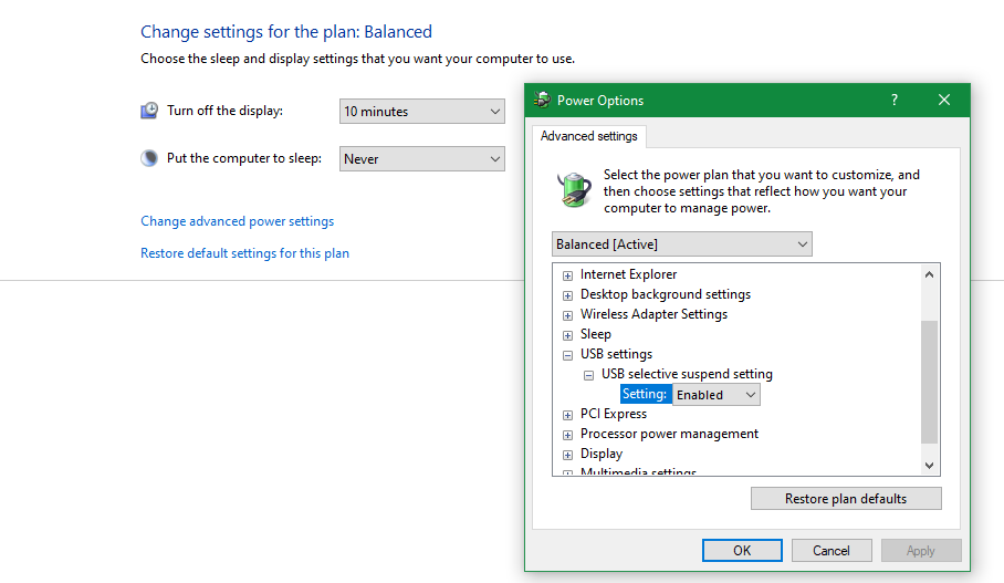 Windows 10 USB 暂停电源选项