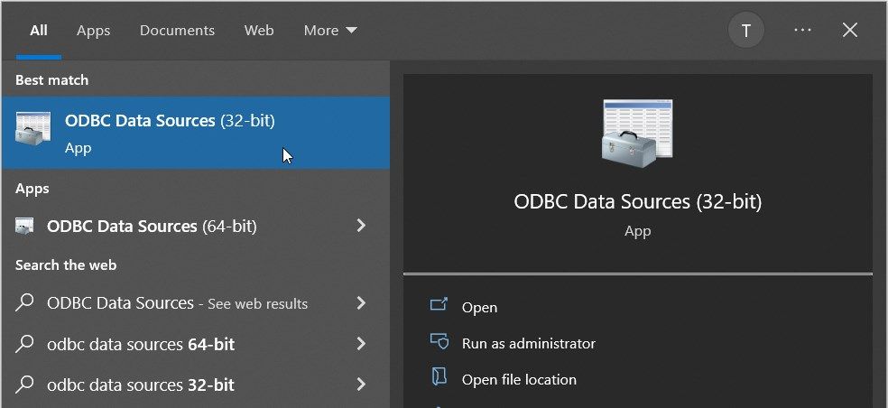 使用“开始”菜单搜索栏访问 ODBC 数据源应用程序
