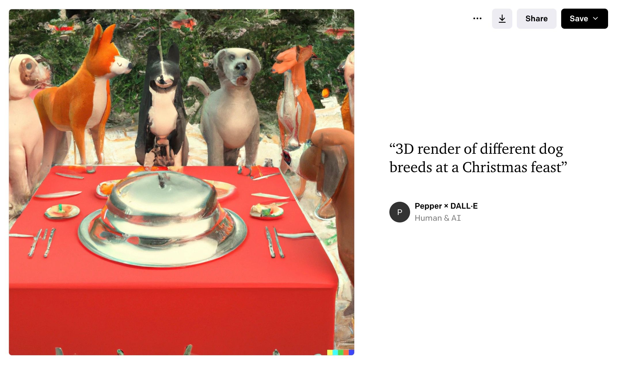使用 Dall-E 创建的桌子周围的狗图像的屏幕截图