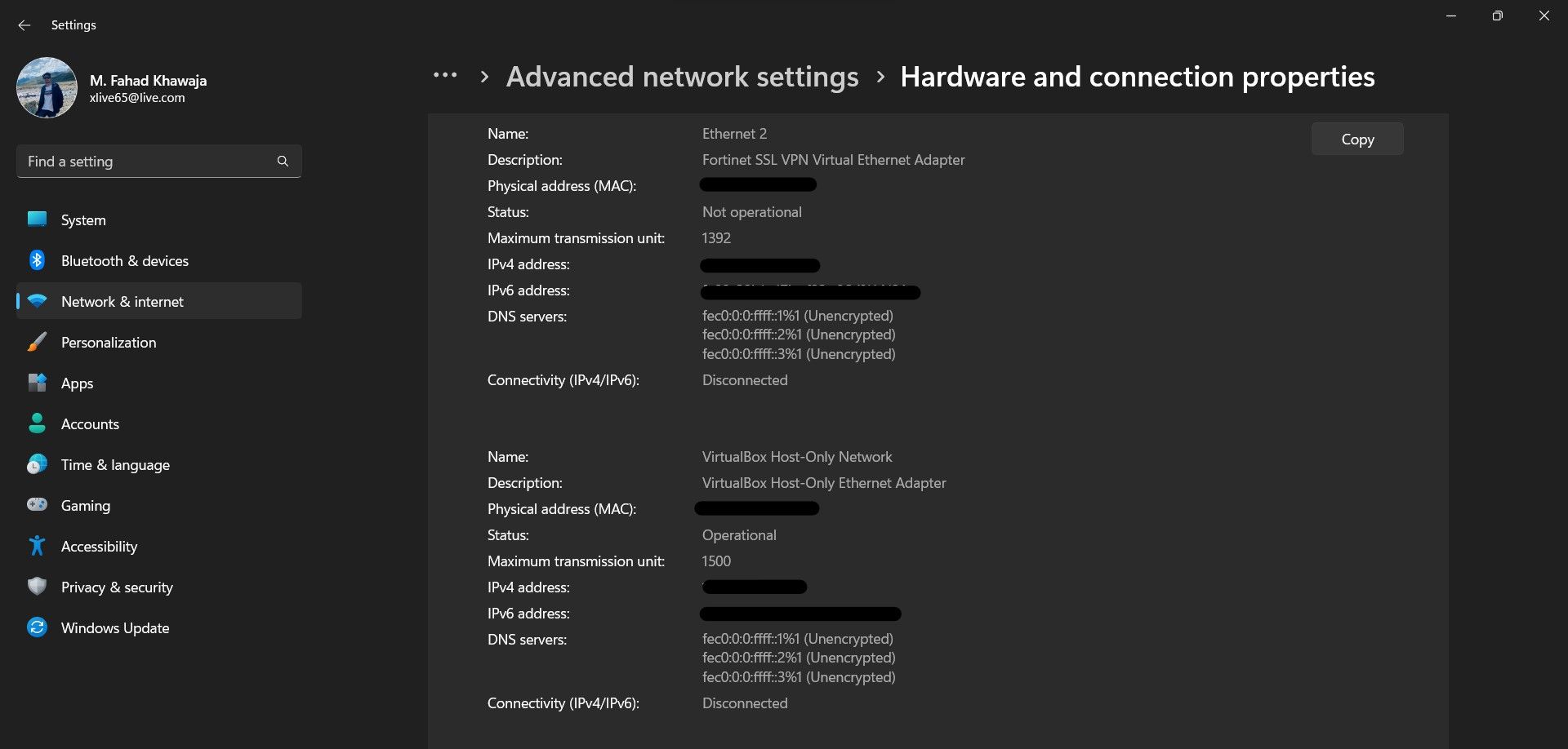 网络适​​配器的ipconfig