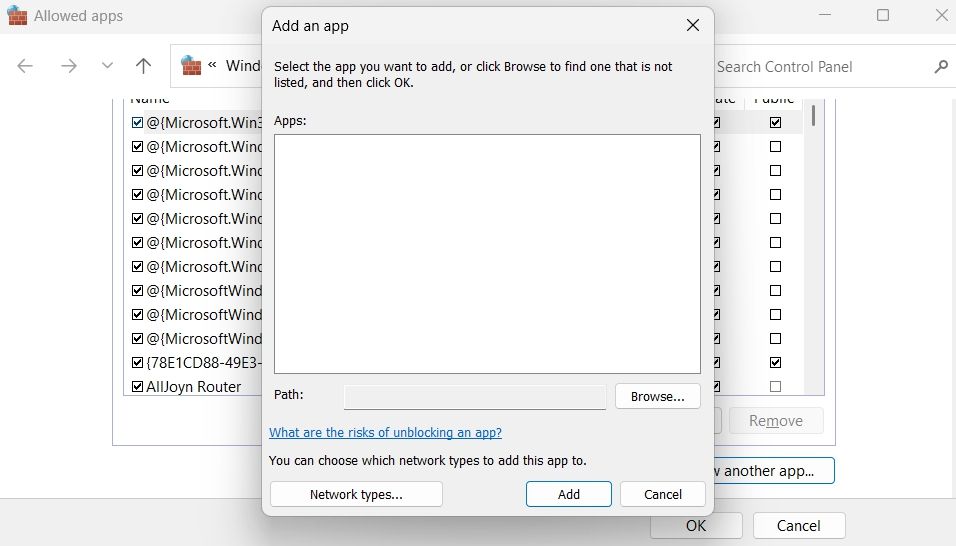 Browse options in the control panel