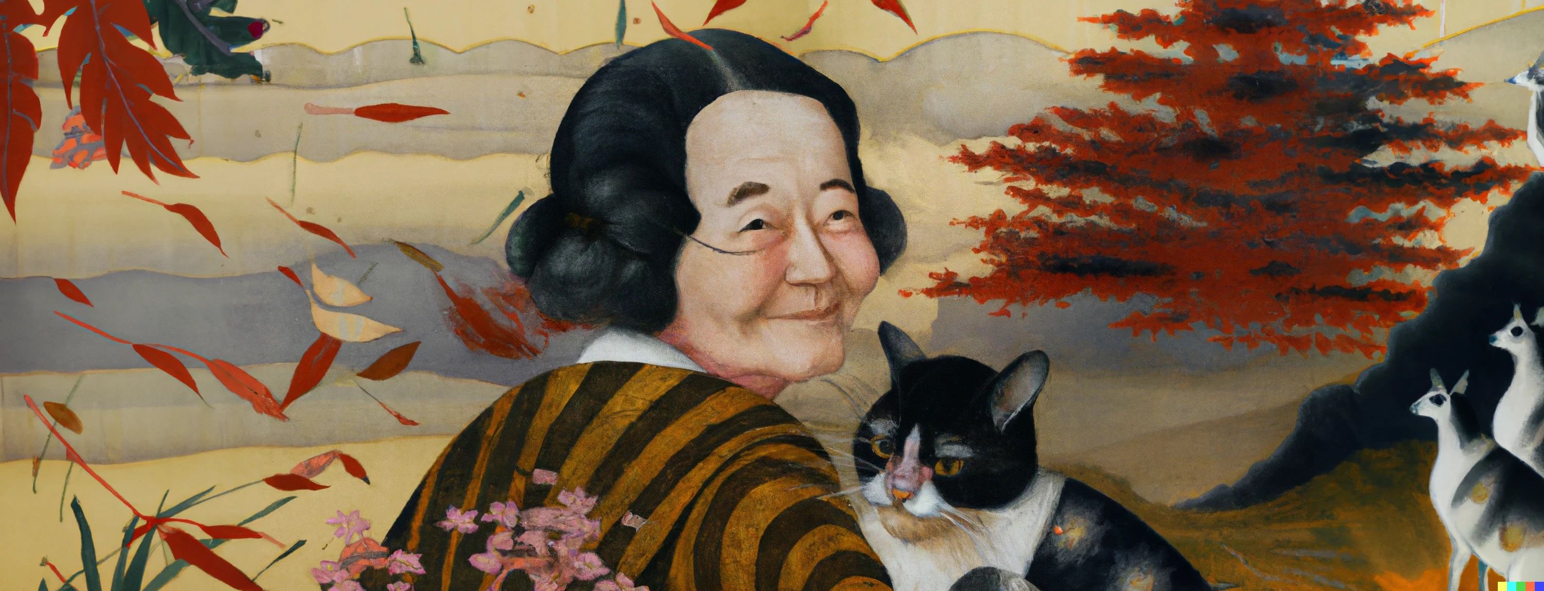 一幅由 AI 生成的绘画，描绘了一位女性和她的猫在日本风景的中心，由 Dall-E 制作
