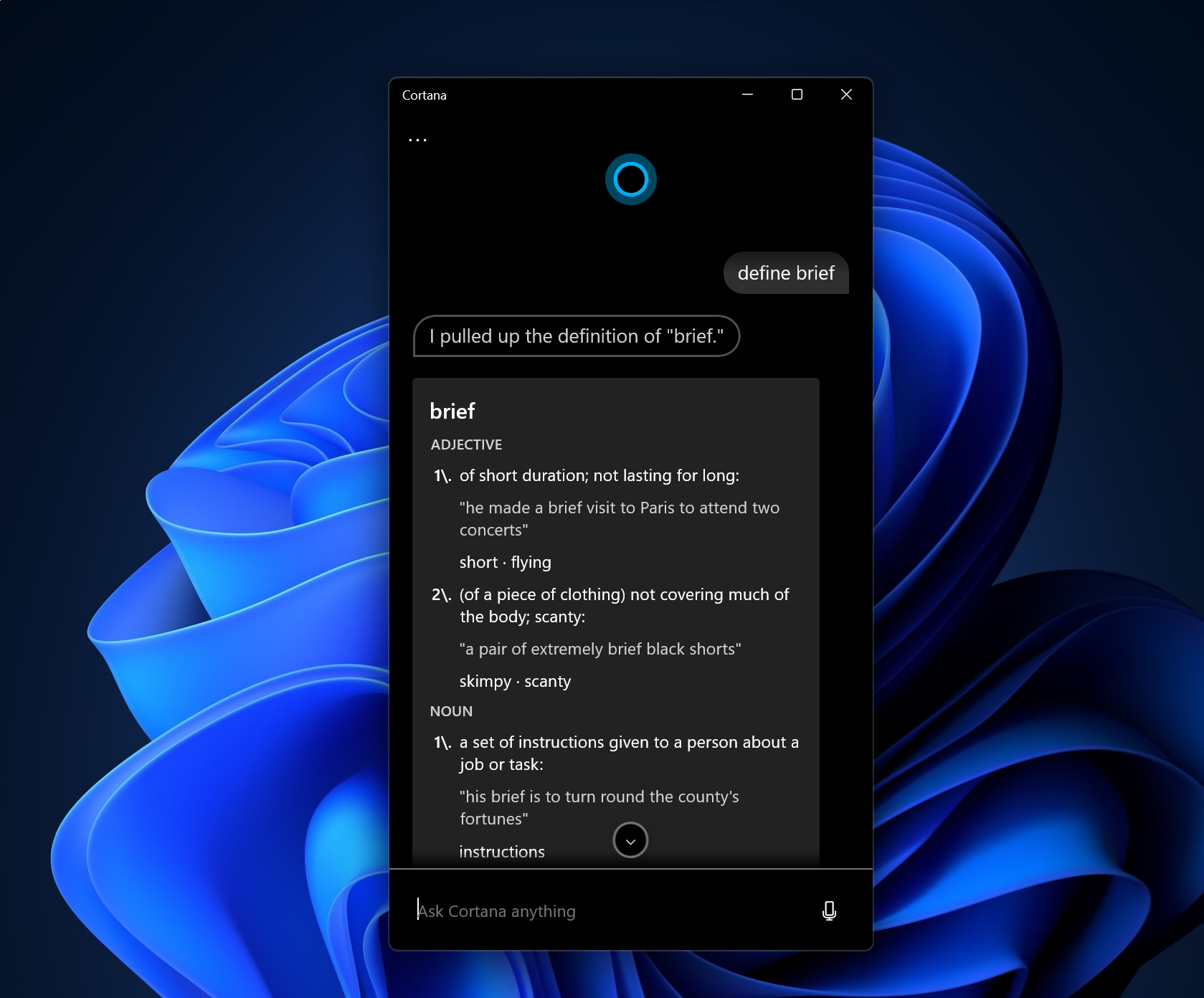 显示字典定义的 Cortana 应用程序