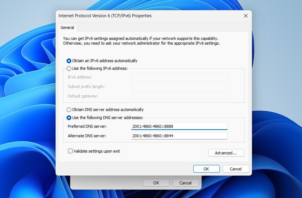 Editing IPv6 properties in the control panel