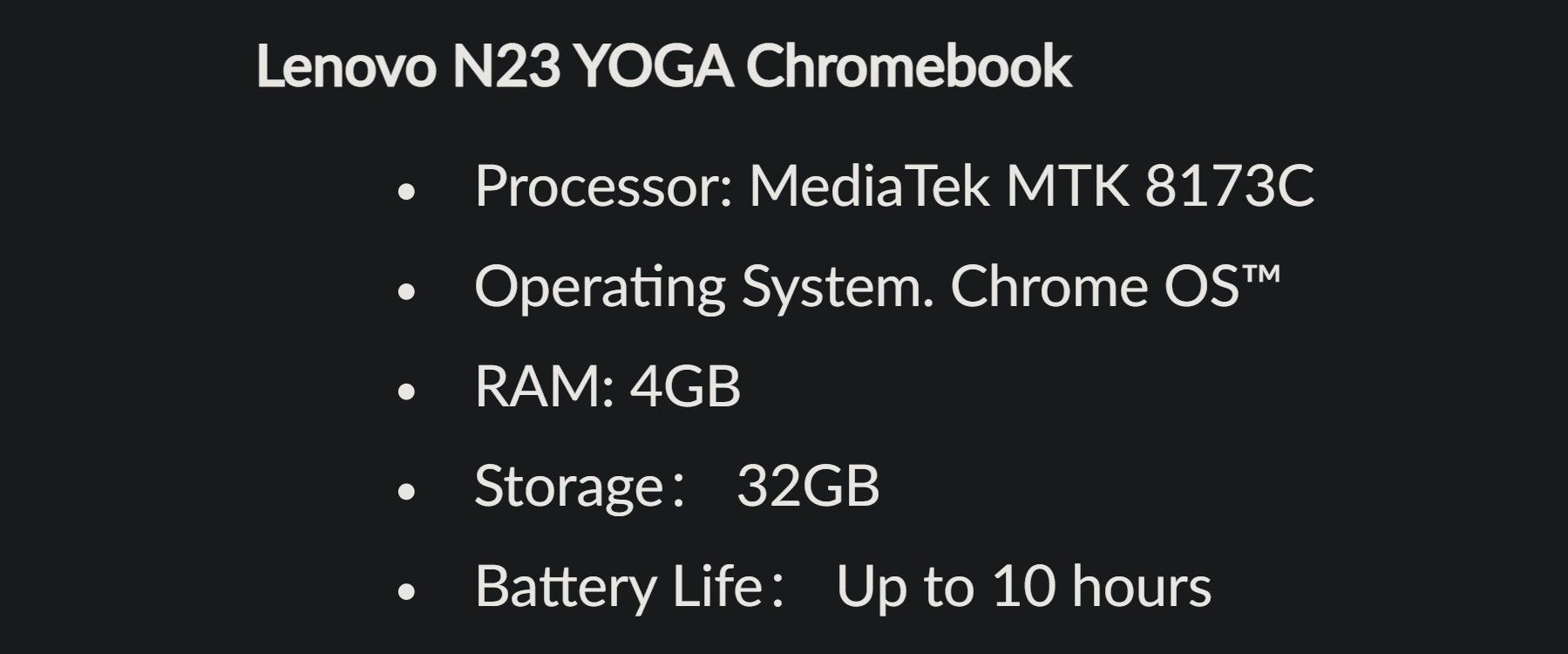 Lenovo Yoga N23 Chromebook 规格