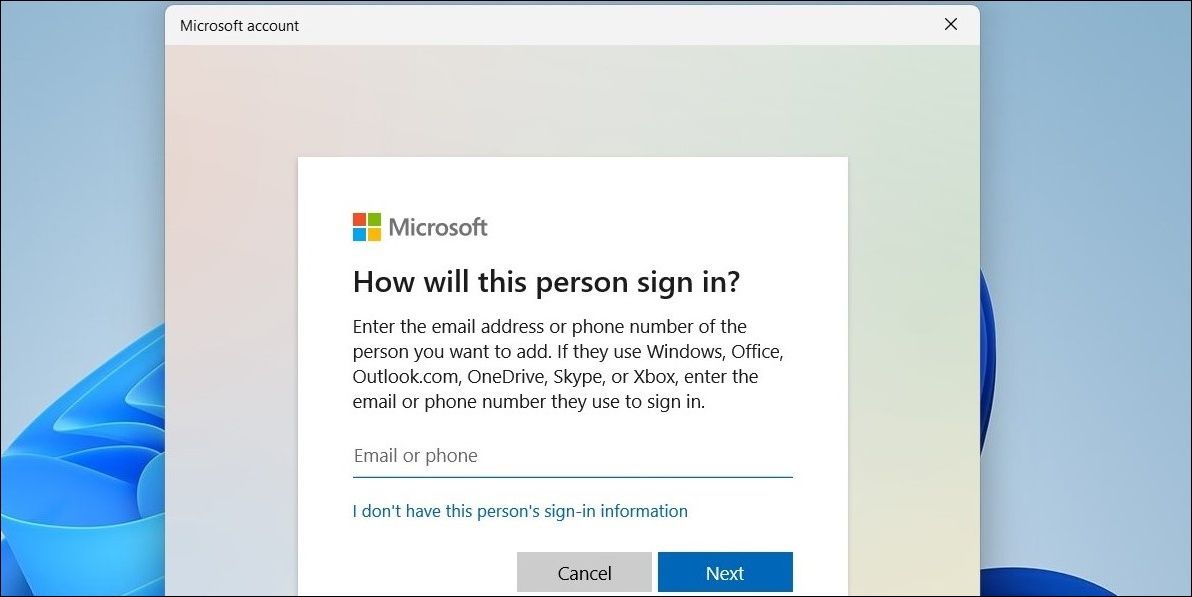 Microsoft 帐户登录窗口