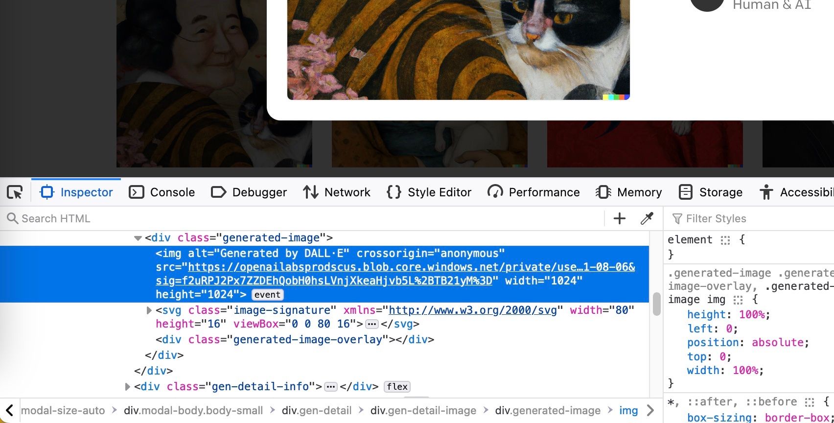 Firefox 检查器窗口显示 Dall-E 生成图像的链接