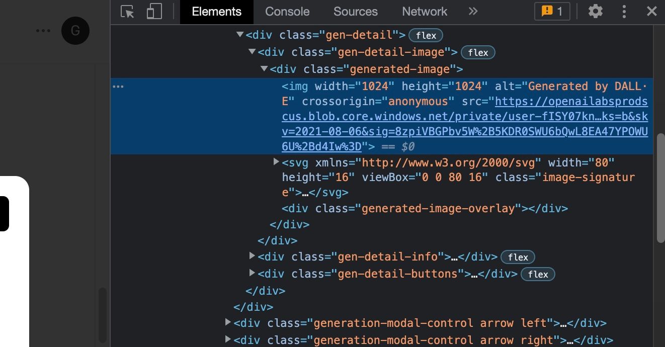 Chrome 中的检查器窗口显示 Dall-E 生成图像的图像链接