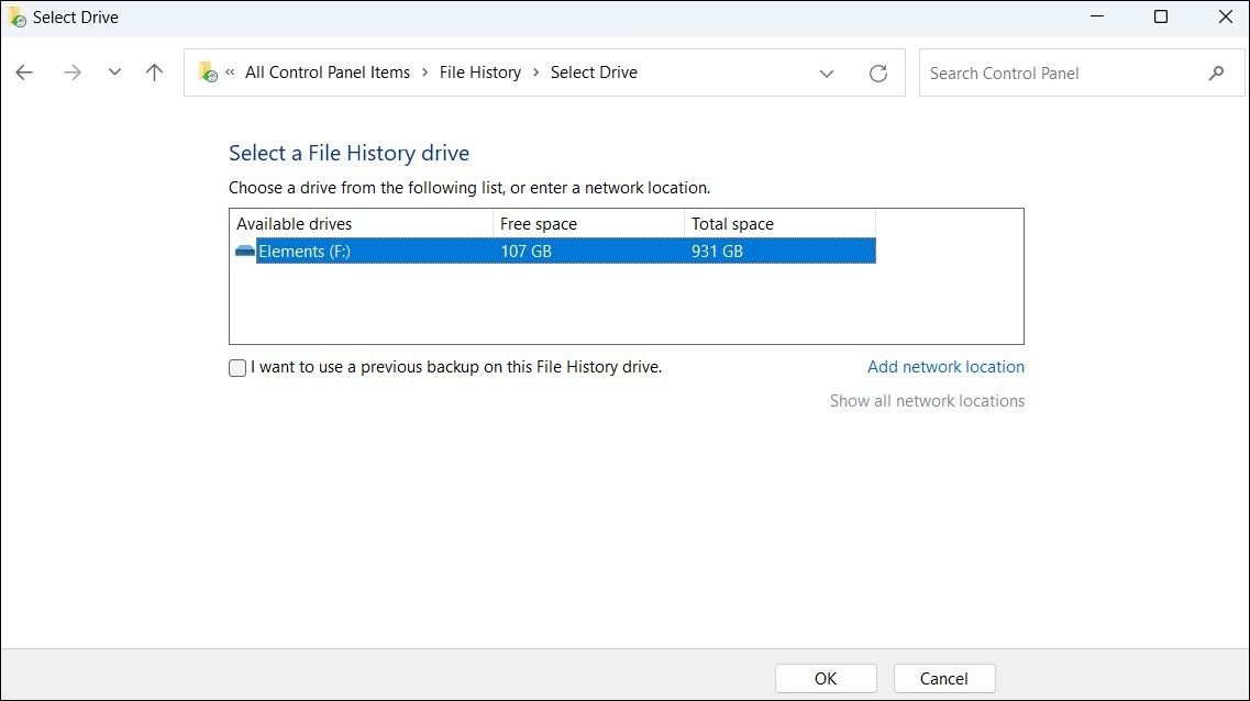 选择文件历史驱动器 Windows