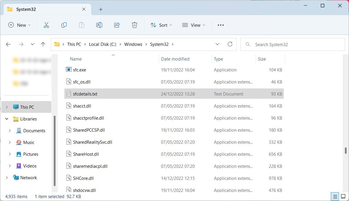 Windows 11 文件资源管理器中的 sfc 详细信息文本文件