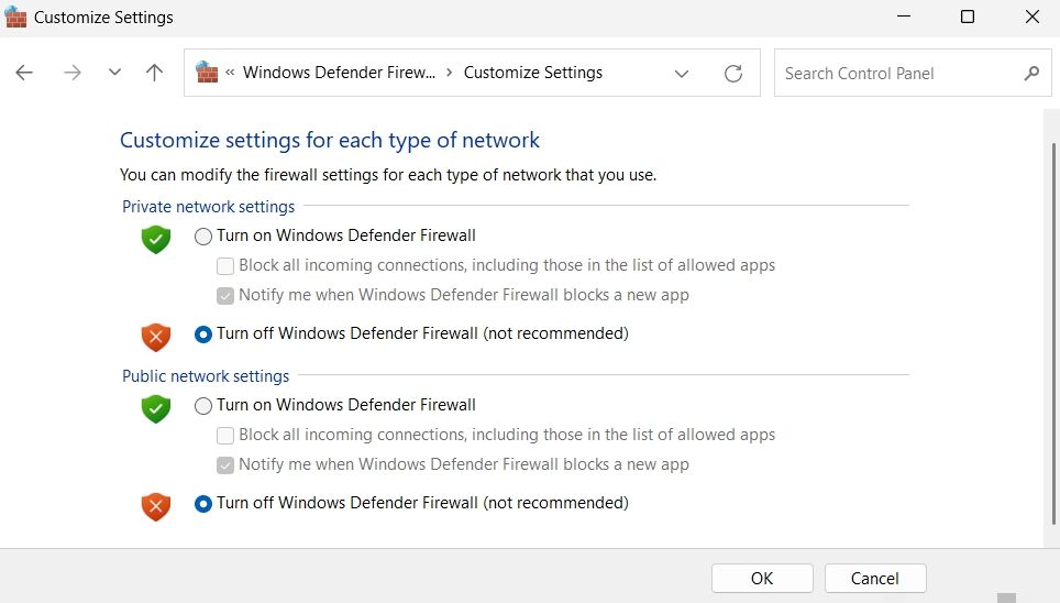 Turn off the firewall option in the control panel