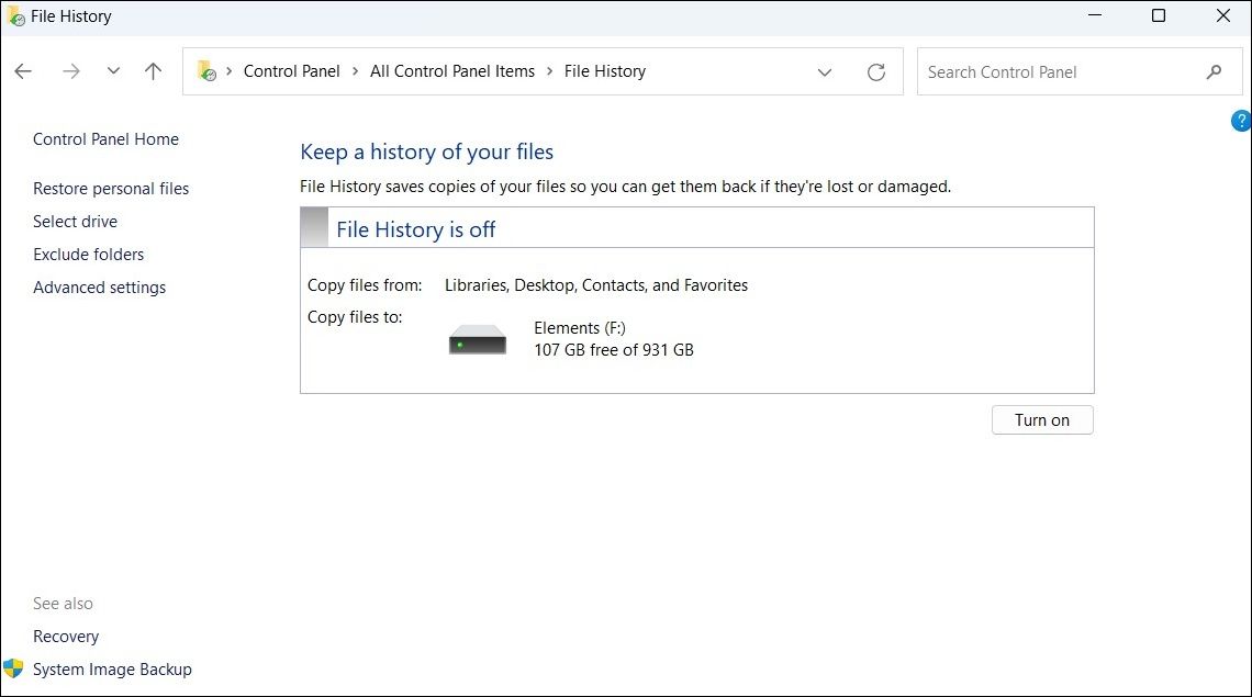 在 Windows 中打开文件历史记录