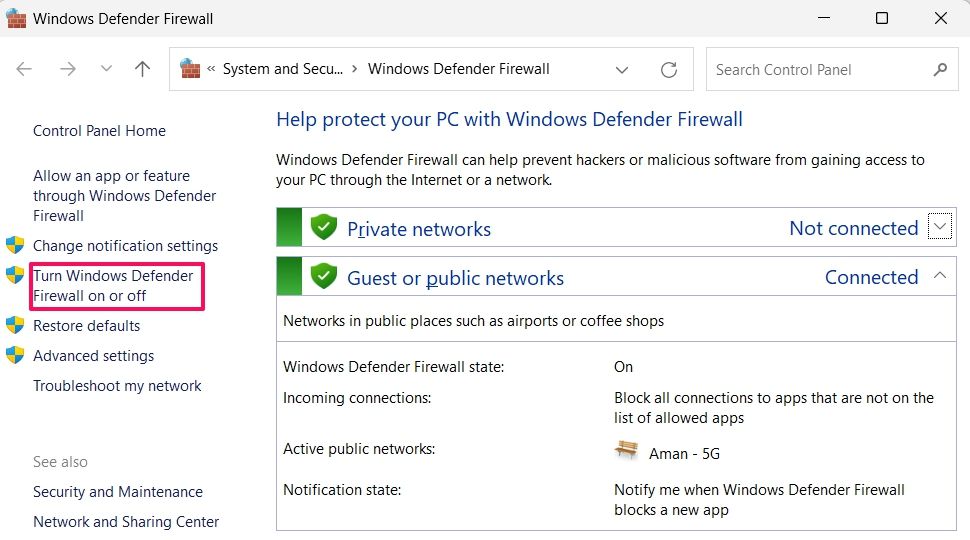 在控制面板中打开或关闭 Windows Defender 选项