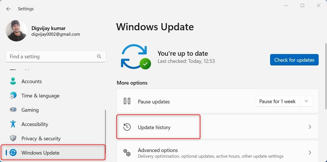 Windows 更新中的更新历史记录