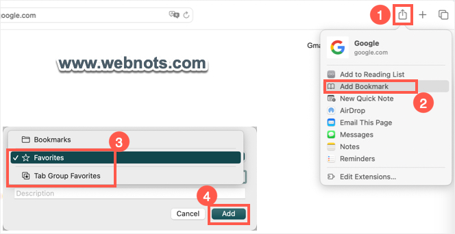 在 Mac Safari 中将网页添加到书签收藏夹