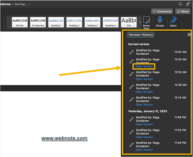 检查 Word for Mac 中的所有文件版本历史记录