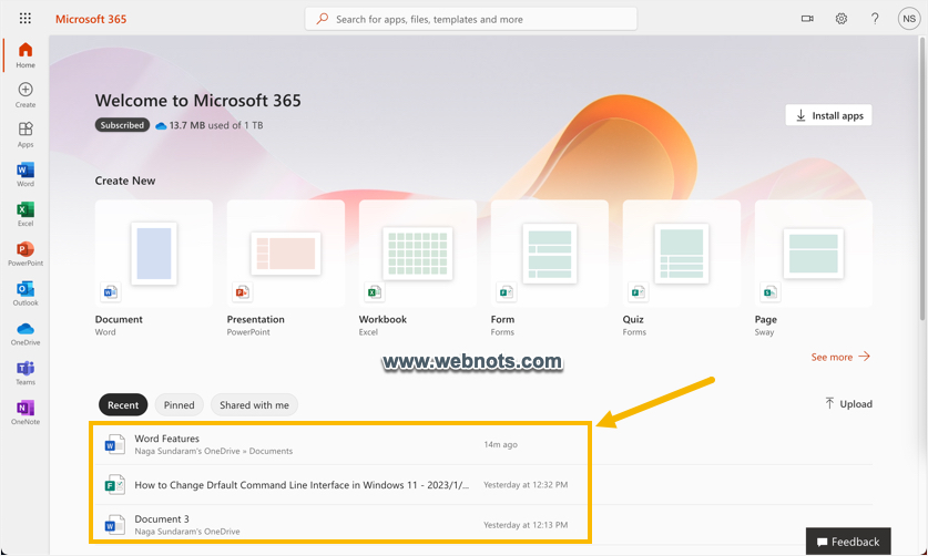 在 Microsoft 365 Online 仪表板中打开文档