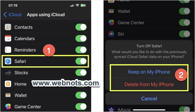 禁用 Safari iCloud 同步并在 iPhone 中选择操作