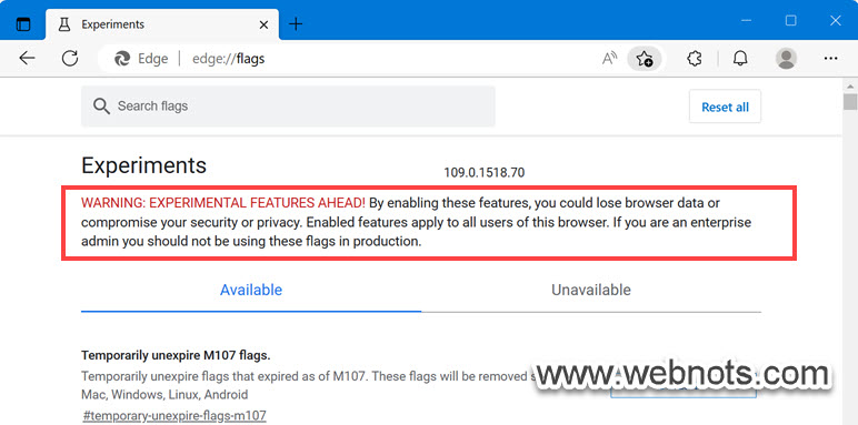 Edge 中的实验性特征警告
