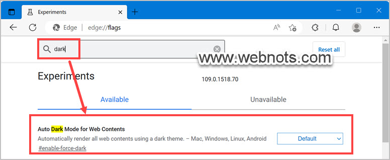 Edge 中 Web 内容标志的自动暗模式
