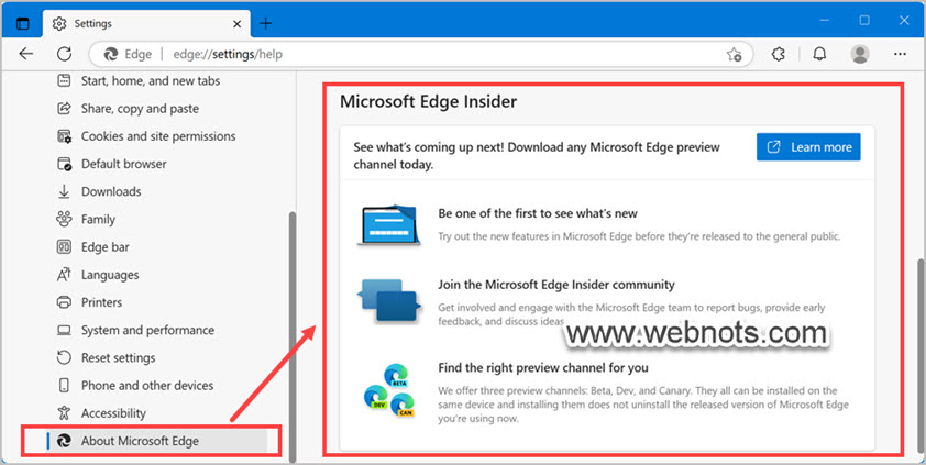 Edge 设置中的 Microsoft Edge Insider 部分