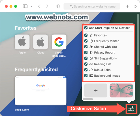 在 Mac 中禁用 Safari 起始页中的部分