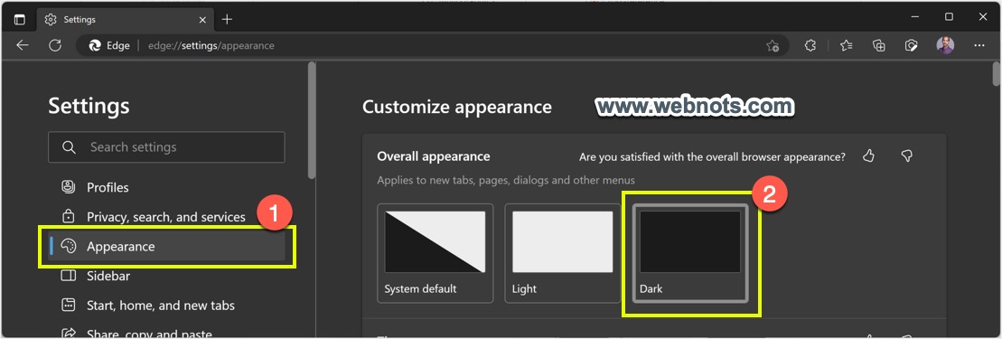 在边缘设置中应用深色模式
