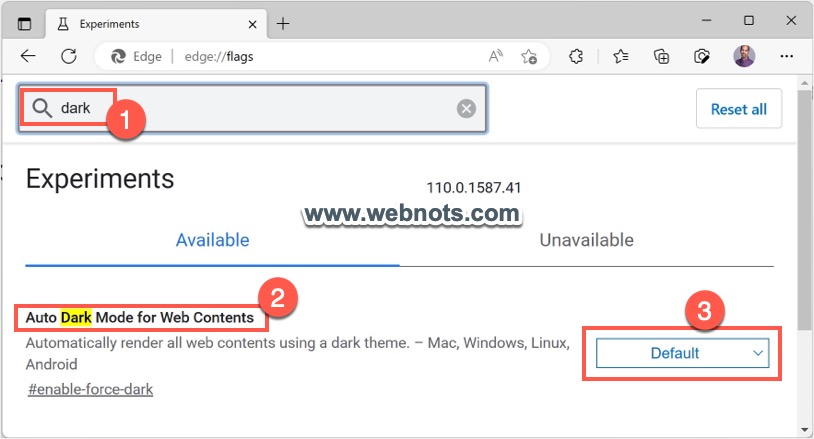 在 Edge 中查找 Web 内容标志的自动暗模式