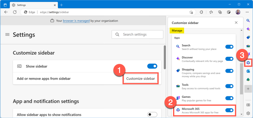 在 Edge 边栏中启用 Microsoft 365 应用