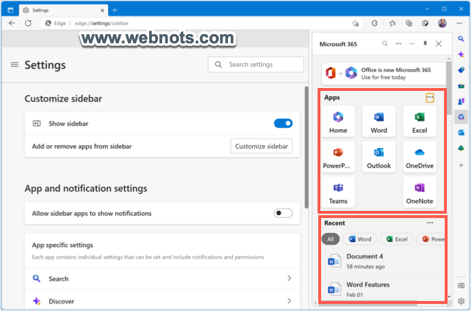 Edge 边栏中的应用程序和最近的文档部分