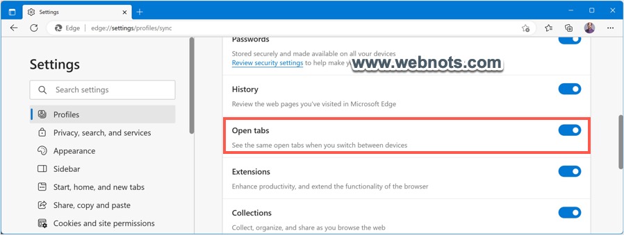在 Microsoft Edge 浏览器中启用打开选项卡同步