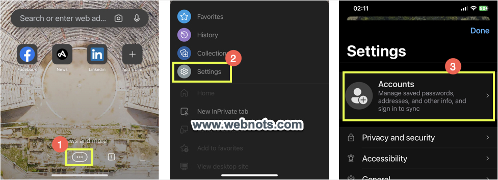 在 Edge Mobile 中打开帐户设置
