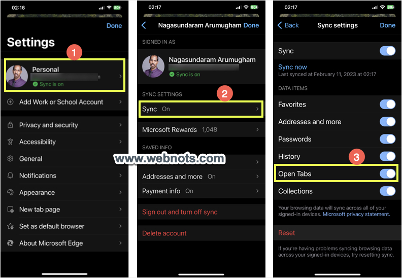 在 Edge 移动帐户设置中启用打开选项卡同步