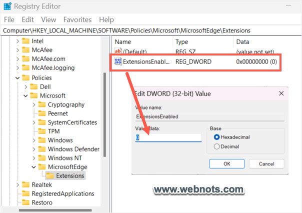 将值数据更改为 0