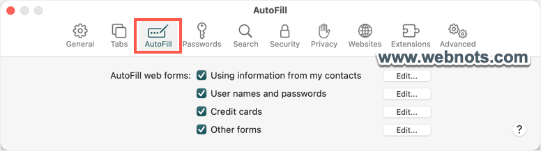 在 Safari Mac 中禁用自动填充