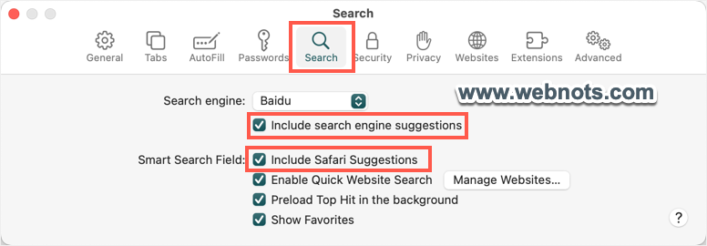 在 Safari Mac 中禁用搜索建议
